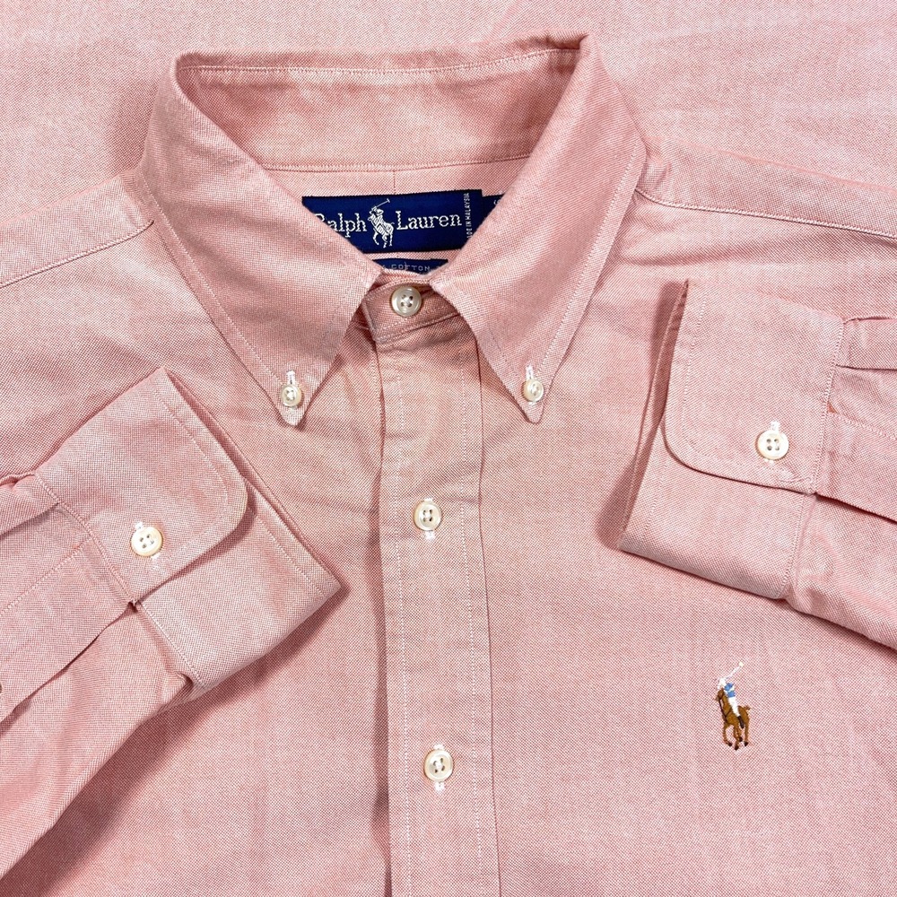 Ralph Lauren Oxford Shirt Men Large 16 36‎ Orange Button Up Dress Flesh Pony A21